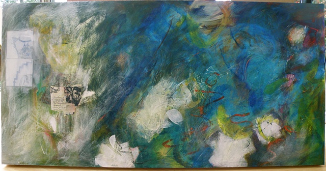 blue and white tiles far left margin, collaged list and beach with trees, water lilies and dominant blues right