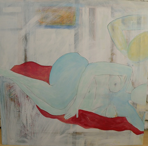 turquoise blue nude front, on a diagonal, with head and arm of second nude outlined, back, against geometric/white