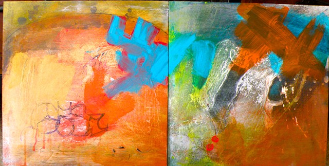 graffiti lower left, two joined canvases with turquoise center, two red dots lower right, upper right orange