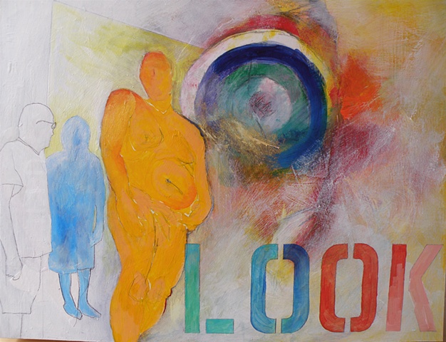 stencilled LOOK, Leigh Bowery, Charley in profile and in reflection, Jasper Johns-style target