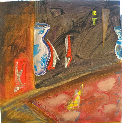 two vases, left and right, brown rectangle left with red/white insert
