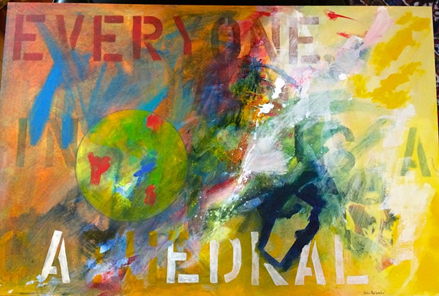 Multi-colored circle left, stencils, explosion center, yellow right