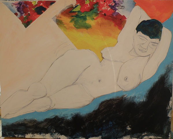 Van Gogh nude, white, diagonal, with blue stripe below and flowers above