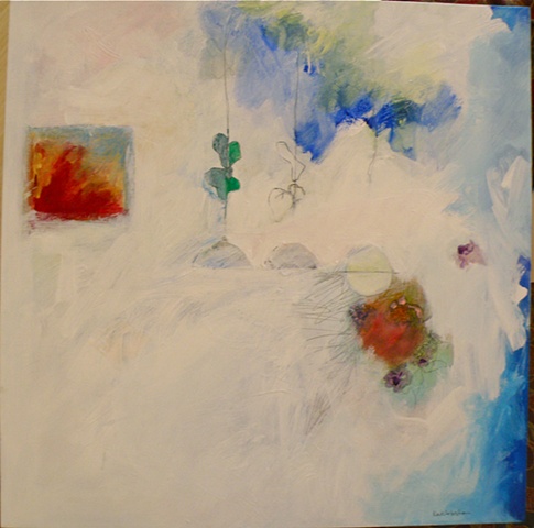 primarily white base, 2 half-circles and full circle center, red gold & blue square center left, blue right edge