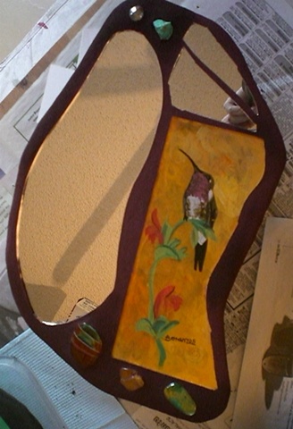 hummingbird, southwest, birds, turquoise, reverse glass painting, mirror, natural stones