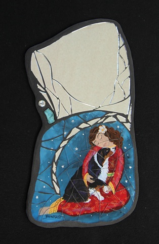 mosaic, dog, girl, reverse glass painting, mirror,  glass, turquoise, beads