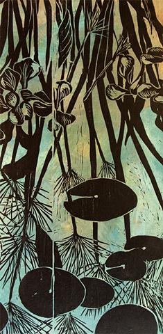 papyrus, plants, water garden, woodcut, mounted on panel, color woodcut
