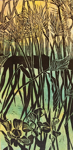 papyrus, plants, water garden, woodcut, mounted on panel, color woodcut