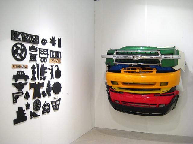 Bumper sculpture and wood cutout group,
Installation view, Art Miami 2013, Ethan Cohen Fine Arts, NY