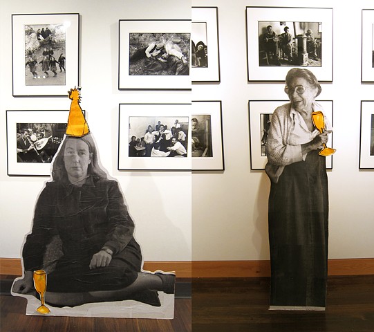 Wooden cutouts of famous Provincetown artists Mary Hackett and Ferol Warthen