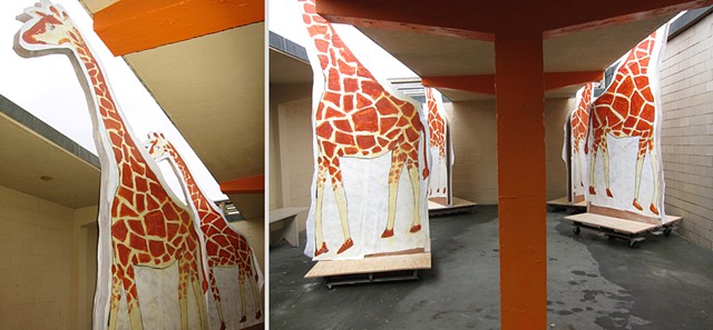 Installation for 10 Days That Shook the World: the Centennial Decade, a multi-media exhibition by Zehra Khan & Tim Winn at the Herring Cove Beach Bathhouse in the Cape Cod National Seashore, Provincetown, MA. Anatomy and architecture, giraffes, movable,