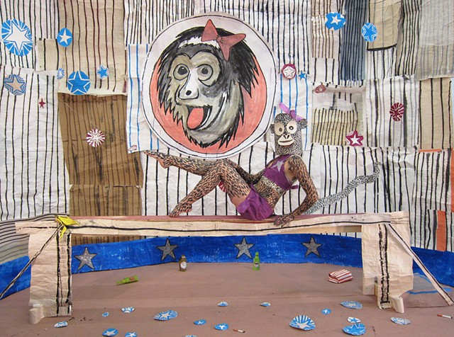 Johnny Flea and His Merry Maniacs Present the Circus, mixed-media installation, Installation and props: ink and acrylic on paper, cardboard and wood. Costumes: Acrylic on bedsheets, paper, and tyvek and skin, Zehra Khan & Tim Winn, 10 x 16 x 8’, Vermont S