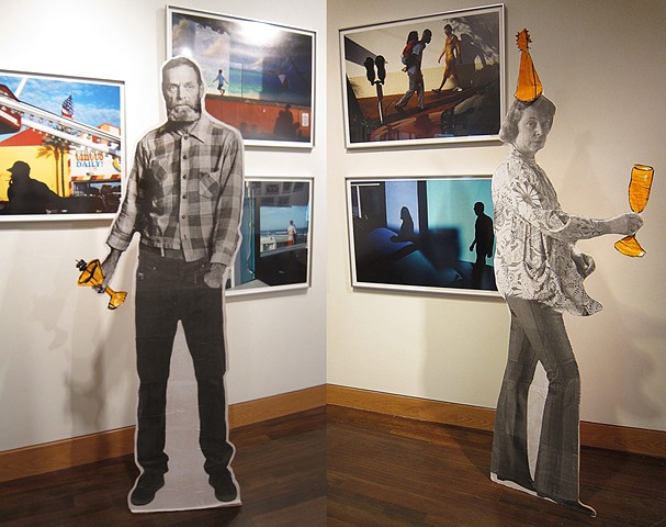 Wooden cutouts of famous Provincetown artists Edwin Dickinson and Ada Hensche