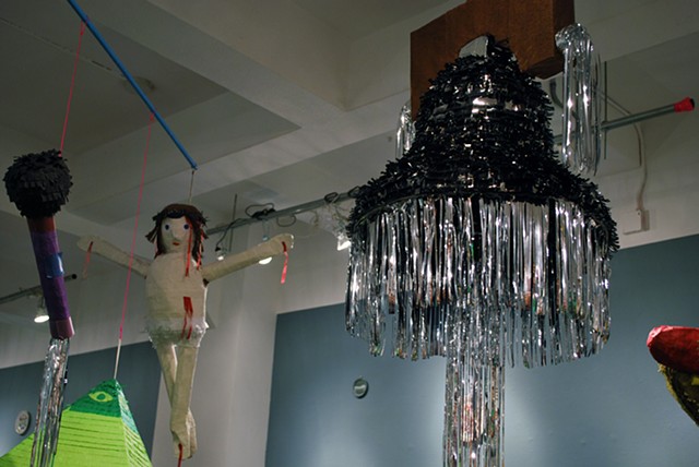 Piñata Mobile
2012
Paper materials, wheat paste, dum-dums, mylar, string, cables, steel, and mixed media.