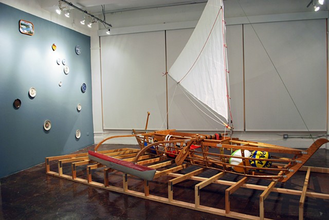 Baby (Medium for Intercultural Navigation)
2011/12
Hand-made collapsible Pacific outrigger canoe and commemorative plates