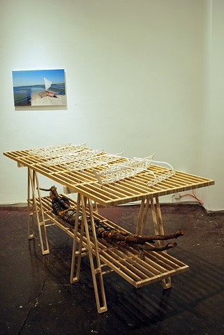 Lexical Borrowing: Saw Horse by the Sea Shore- Understanding Manifest Destiny
2011
Mat board, wood, found plastic bottles, river water, and mixed media
4' x 7' x 3'