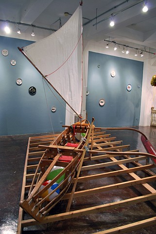 Baby (Medium for Intercultural Navigation)
2011/12
Hand-made collapsible Pacific outrigger canoe and commemorative plates (Detail)