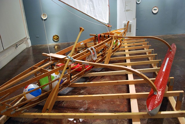 Baby (Medium for Intercultural Navigation)
2011/12
Hand-made collapsible Pacific outrigger canoe and commemorative plates