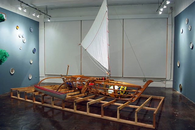 Baby (Medium for Intercultural Navigation)
2011/12
Hand-made collapsible Pacific outrigger canoe and commemorative plates