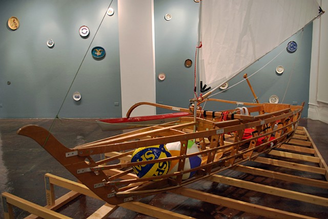 Baby (Medium for Intercultural Navigation)
2011/12
Hand-made collapsible Pacific outrigger canoe and commemorative plates