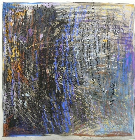 blues and black colors; expressionistic pastels using words to create image