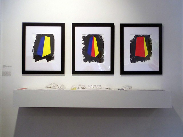 CLASS WARFARE (detail of wall-hung monoprints with architectural drawing sets)