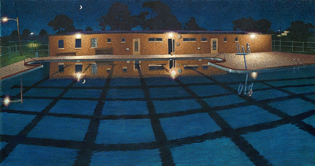 large gouache pointillist painting of a swimming pool at night