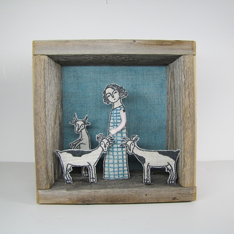 mixed media fiber art diorama embroidery antique reclaimed materials linen goats