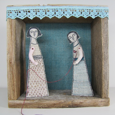 mixed media fiber art diorama embroidery antique reclaimed materials linen