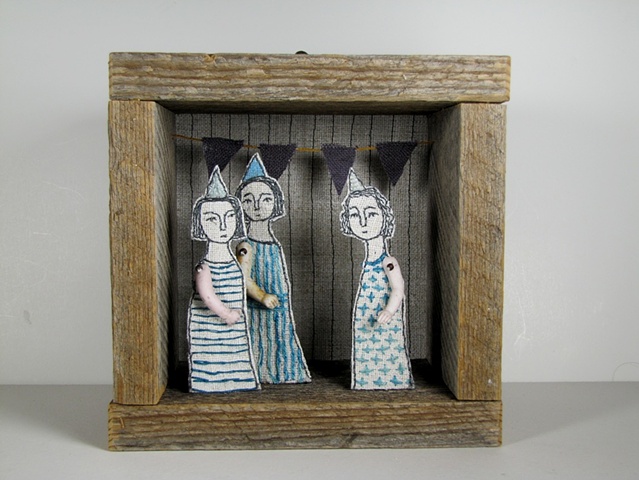 hand embroidered diorama by cindy steiler using antique materials such as bisque doll arms
