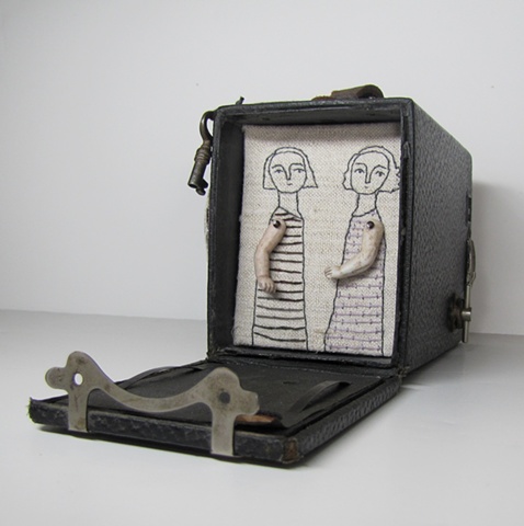 mixed media fiber art diorama embroidery antique reclaimed materials linen kodak brownie camera