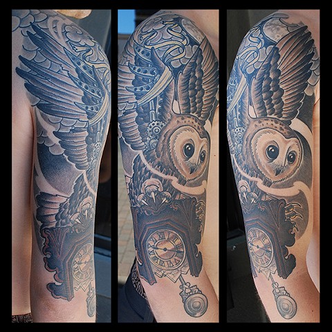 bloodline tattoo company owl and clock upper arm bloodline tattoo company owl and clock upper arm