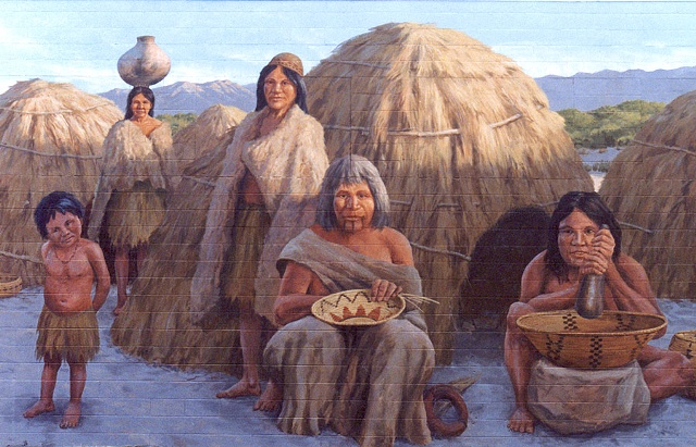 Mural, exterior mural, Indian women, palm huts, California desert