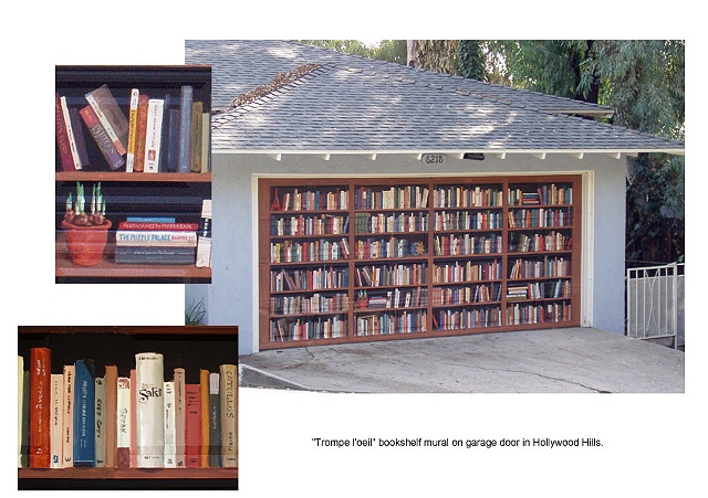 Mural, exterior mural, garage door, trompe l'oeil, bookshelves