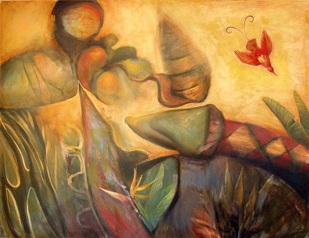 Organic, abstract forms, warm yellow, orange, red, dreamlike, red bird
