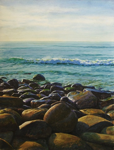 California seascape, blue ocean, water, waves, rocky shore, sunlight.