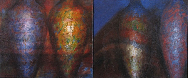Four gleaming vessel forms, abstract, deep, saturated color, feeling of night.