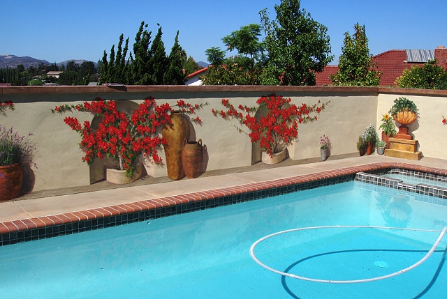 Mural, exterior mural, private home, trompe l'oeil, fool the eye, plants, pottery