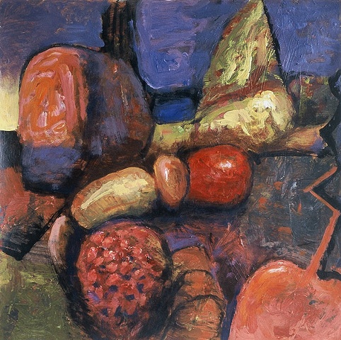 Colorful, abstract organic forms, interlocking, loose brushwork