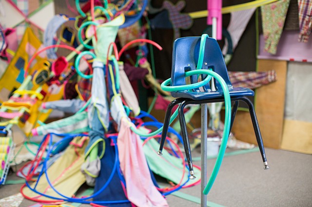 Heather Brammeier painting in space installation shirts used clothing furniture pool noodles