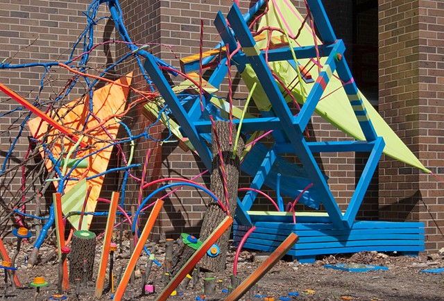 Heather Brammeier Jessica Bingham installation sculpture outdoor tree branches flagging tape