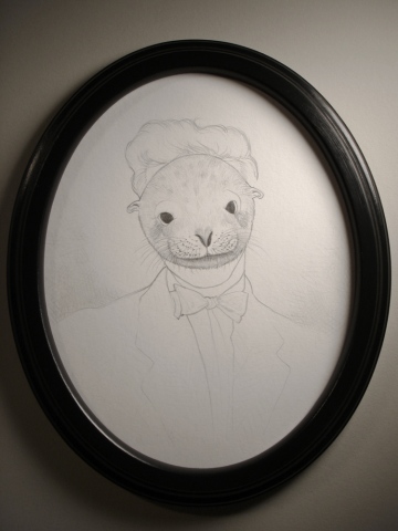 Drawing of a man from the 1950's wearing a mask of an extinct Japanese Sea Lion by Jenny Kendler