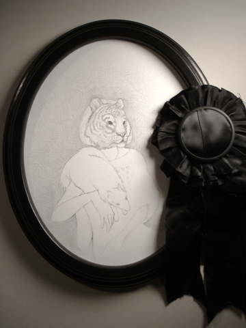 Drawing of a woman from 1937 wearing a mask of an extinct Bali Tiger by Jenny Kendler