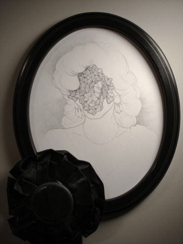 Drawing of a woman from 1988 wearing a mask of extinct Arcuate Pearly Mussels by Jenny Kendler
