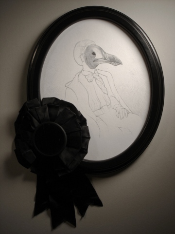 Drawing of a man from 1844 wearing a mask of an extinct Great Auk by Jenny Kendler
