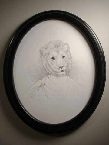 Drawing of a man from 100 AD wearing a mask of an extinct European Lion by Jenny Kendler