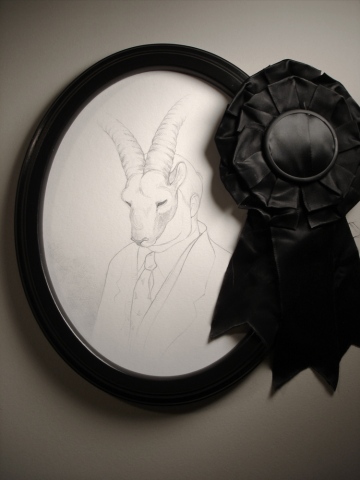 Drawing of a man from 2000 wearing a mask of an extinct Pyrenean Ibex by Jenny Kendler