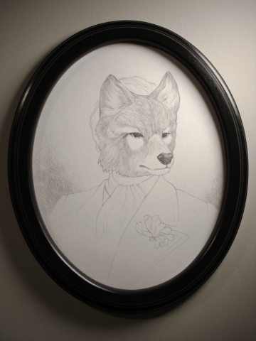 Drawing of a man from 1899 wearing a mask of an extinct Hokkaido Wolf by Jenny Kendler
