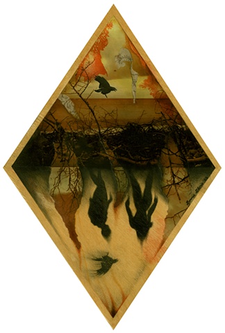 Mixed media collage on diamond wood of murky beach swamp with ghost couple silhouettes raven shadows in underworld hell, by Bonnie Gloris.