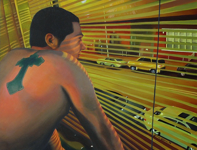 Green oil painting portrait of man with cross tattoo at night looking, contemplating urban street, with shadows from window shades, by fine artist Bonnie Gloris.